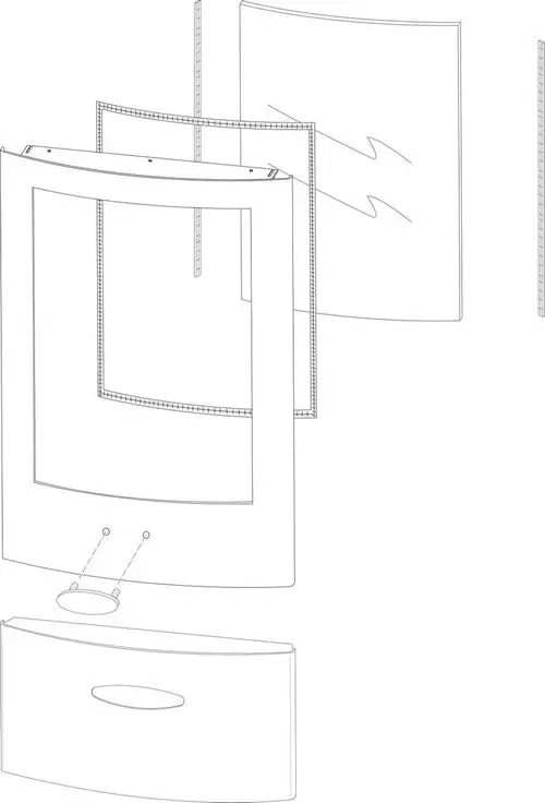 BOSCH Sichtfensterscheibe in schematischer Darstellung, bestehend aus mehreren Teilen, einschließlich einer gebogenen und einer unteren Komponente.